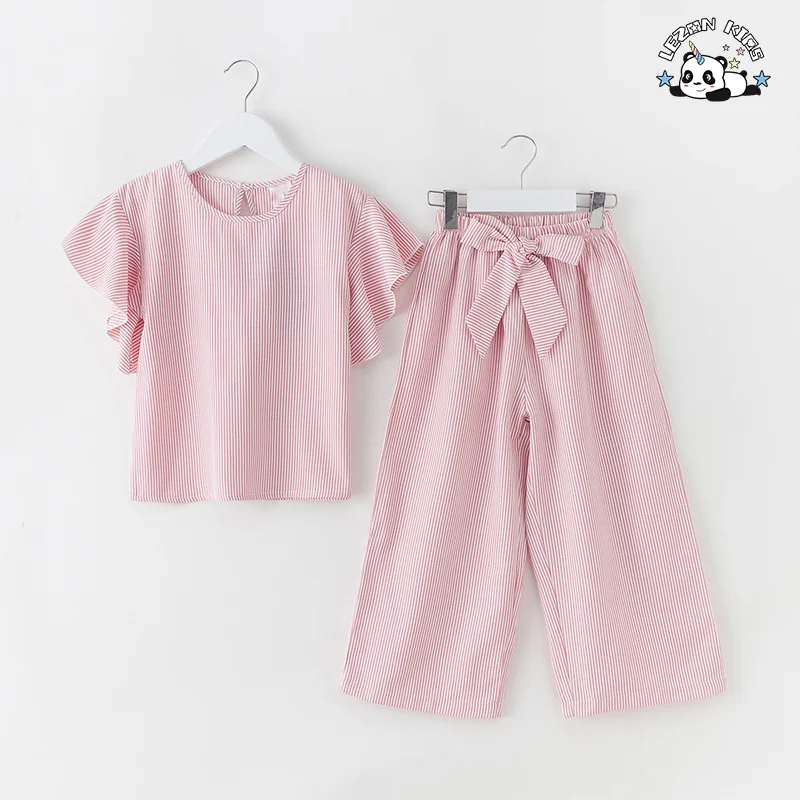 LEZONKIDS - Customizable OEM Leisure Casual Girls Outfit Ruffle T Shirt Wide Leg Pant Girls Clothing Sets